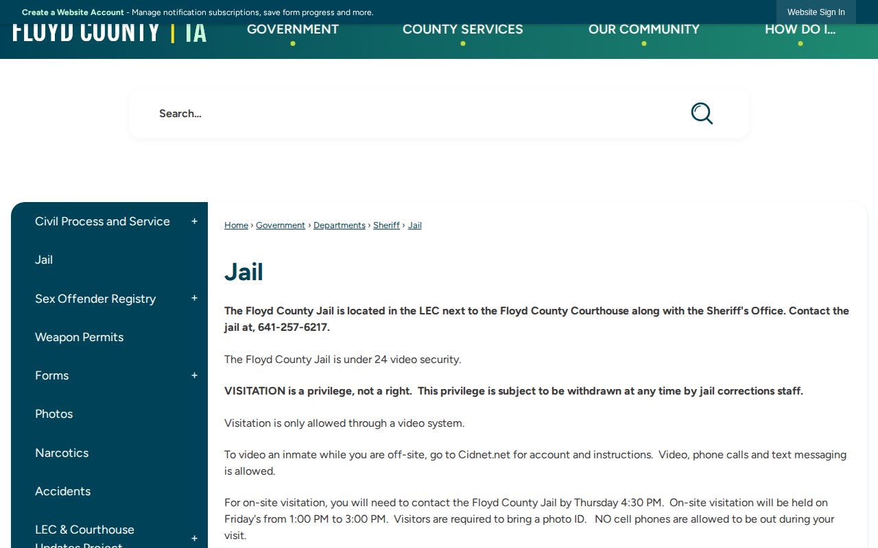 Floyd County Jail official contact page for arrest custody questions