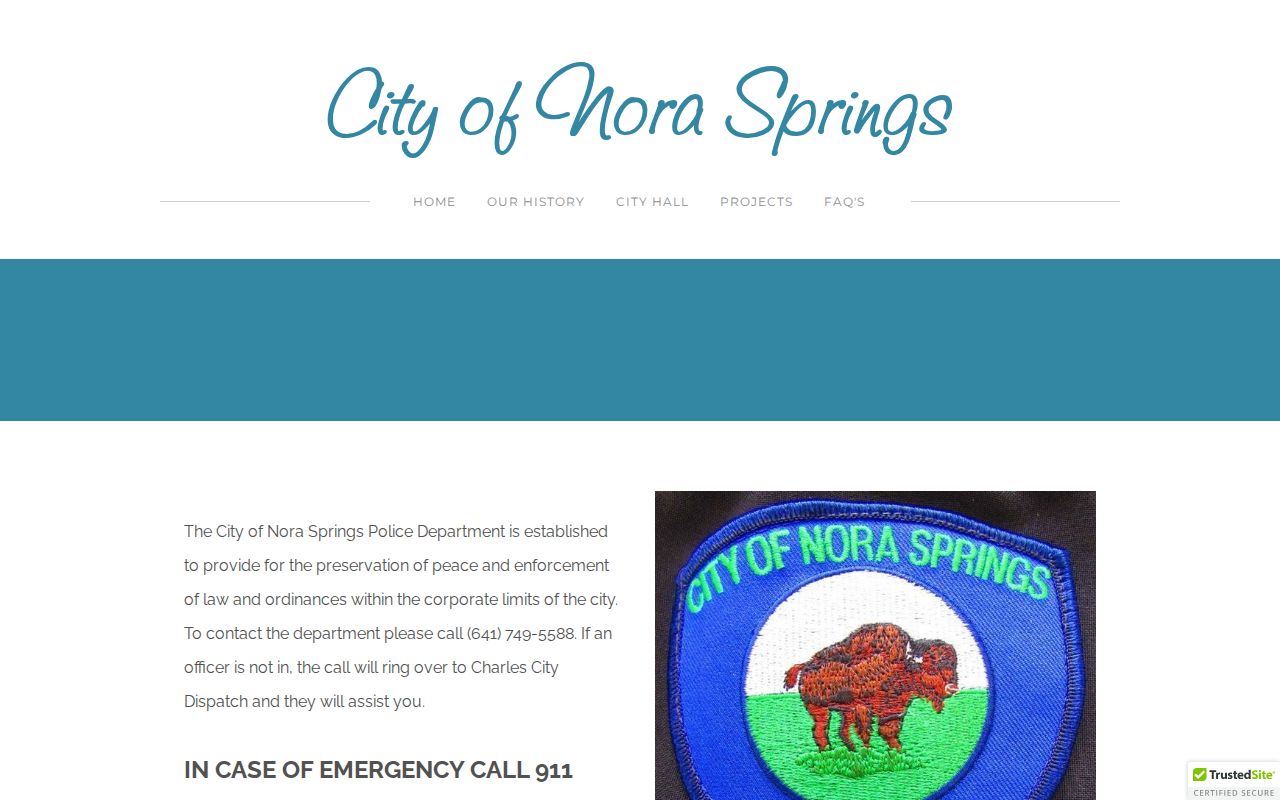 Official Nora Springs Police Department page showing contact and dispatch information