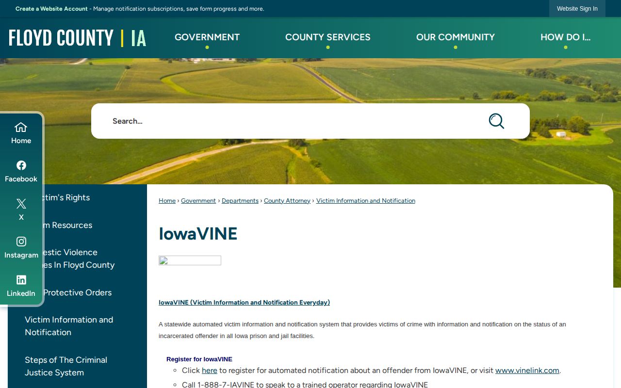 Floyd County IowaVINE page with statewide custody notification details