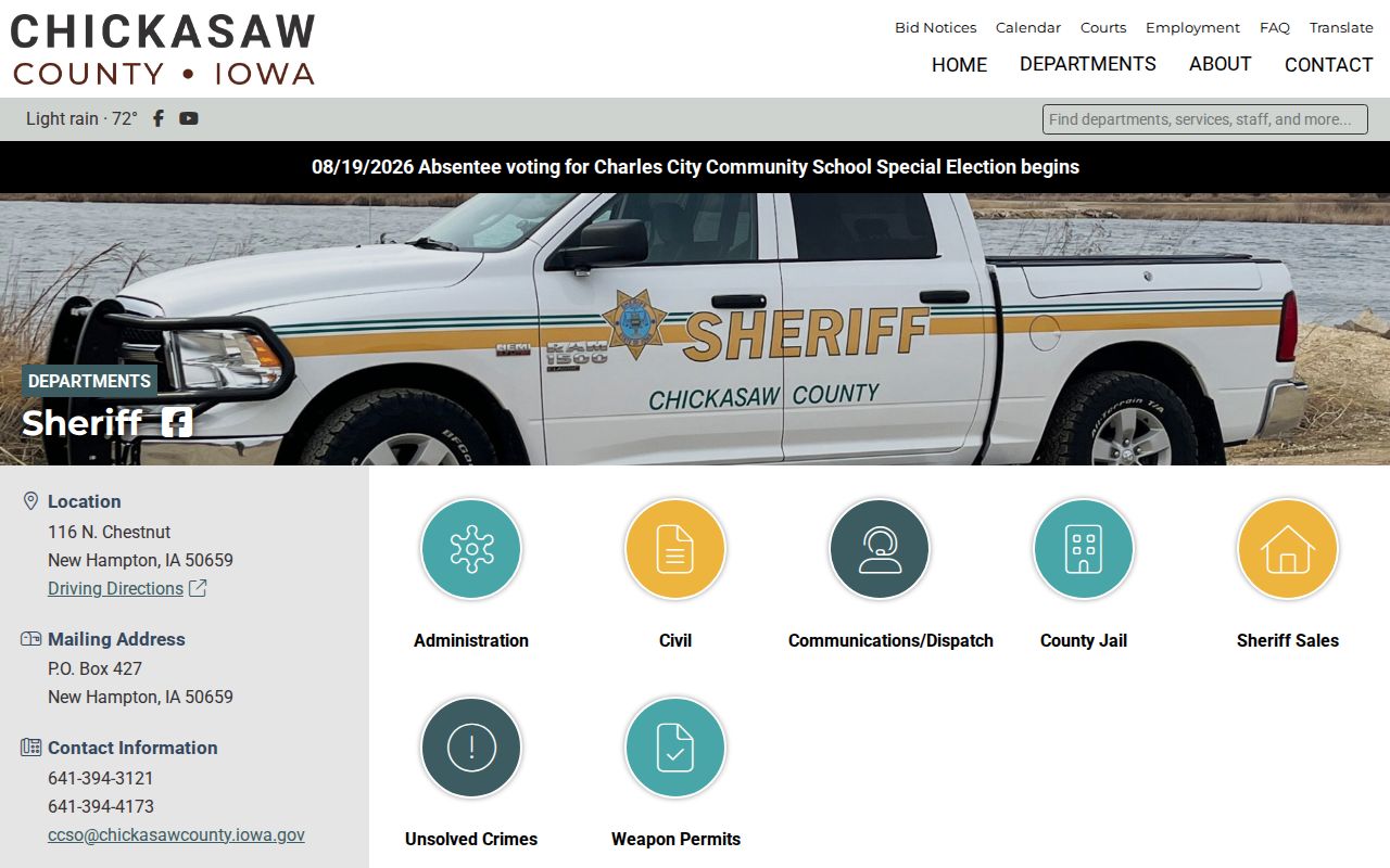 Chickasaw County Sheriff webpage showing the patrol and jail route relevant to Nashua