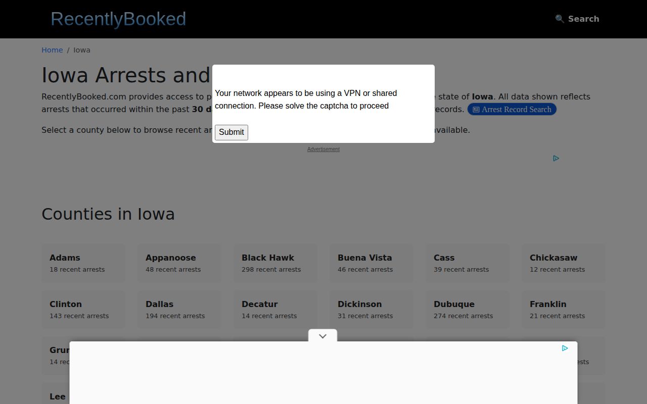 Unofficial Iowa booking index showing no verified Floyd County recent-arrests section