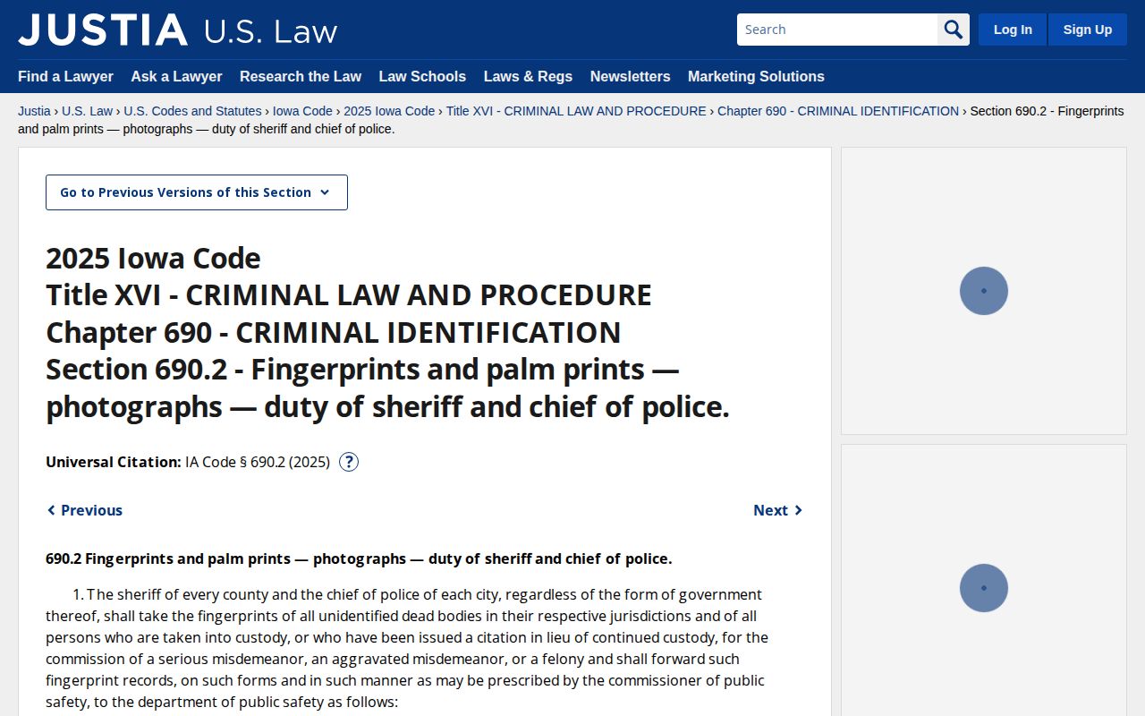 Iowa photograph and fingerprint processing law relevant to Floyd County arrest records